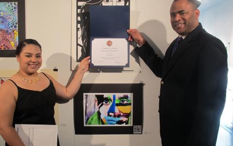U.S. congressman Veasey and Paola Rivera. congressional Art competition 2015